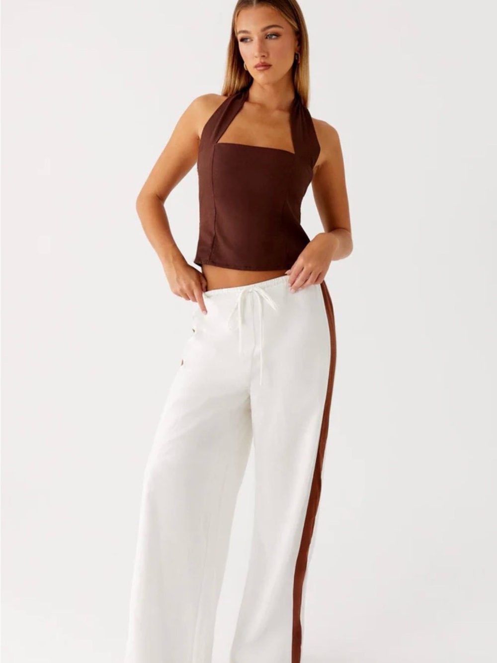 NWT Peppermayo White Wide-Leg Linen Pants with Brown Side Stripe